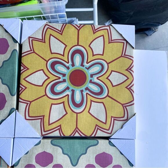 Wall Art Set of 4 Canvas Geometric Canvas Art Spanish Tile Design Vintage Wall - Picture 3 of 5